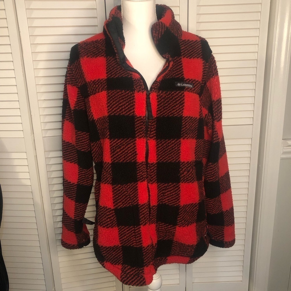 Columbia Red and Black Plaid lightweight fleece jacket Women’s XL